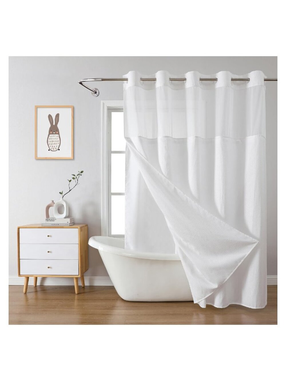 Waffle Weave Shower Curtain No Hook Snap-in Liner Fabric 71x74